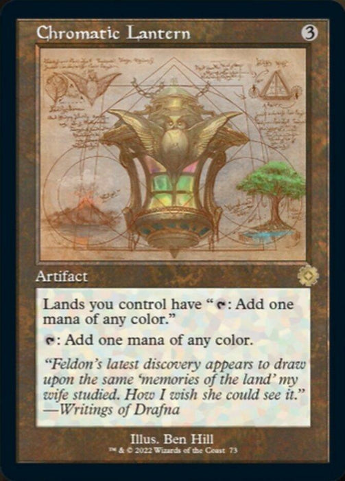 The image features a Magic: The Gathering card called "Chromatic Lantern (Retro Schematic) [The Brothers' War Retro Artifacts]." As an artifact costing 3 mana, its abilities are: "Lands you control have 'Tap: Add one mana of any color'" and "Tap: Add one mana of any color." The card displays elaborate lantern artwork.