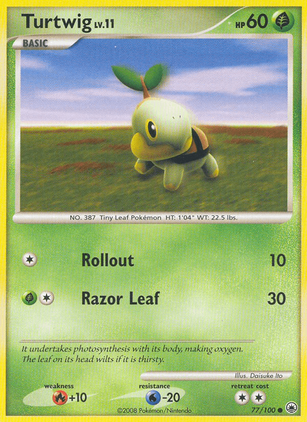 A Pokémon trading card from *Diamond & Pearl: Majestic Dawn* featuring Turtwig (77/100) [Diamond & Pearl: Majestic Dawn] by Pokémon, a Grass-type Tiny Leaf Pokémon. Turtwig is depicted standing on grassy terrain with a twig sprouting from its head. The common card details include its level (11), HP (60), and moves: Rollout (10 damage) and Razor Leaf (30 damage). Its weaknesses and resistances are