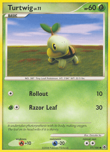 A Pokémon trading card from *Diamond & Pearl: Majestic Dawn* featuring Turtwig (77/100) [Diamond & Pearl: Majestic Dawn] by Pokémon, a Grass-type Tiny Leaf Pokémon. Turtwig is depicted standing on grassy terrain with a twig sprouting from its head. The common card details include its level (11), HP (60), and moves: Rollout (10 damage) and Razor Leaf (30 damage). Its weaknesses and resistances are