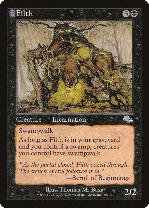A Magic: The Gathering card named "Filth [Judgment]." This eerie Incarnation features a decaying, swamp-like creature emerging from a murky environment. With a black border, it costs 3 colorless and 1 black mana and has "Swampwalk." In the graveyard, it grants "Swampwalk" to all creatures you control. Artwork by Thomas M. Baxa.