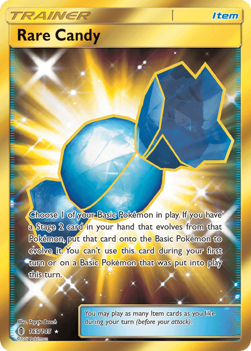 A Rare Candy (165/145) [Sun & Moon: Guardians Rising] card from the Pokémon series depicts a large, radiant blue candy with geometric facets. The candy is surrounded by a bright, glowing aura. The card text explains its use: it allows a Basic Pokémon to evolve if a Stage 2 card is available. A shimmering gold border enhances its allure.