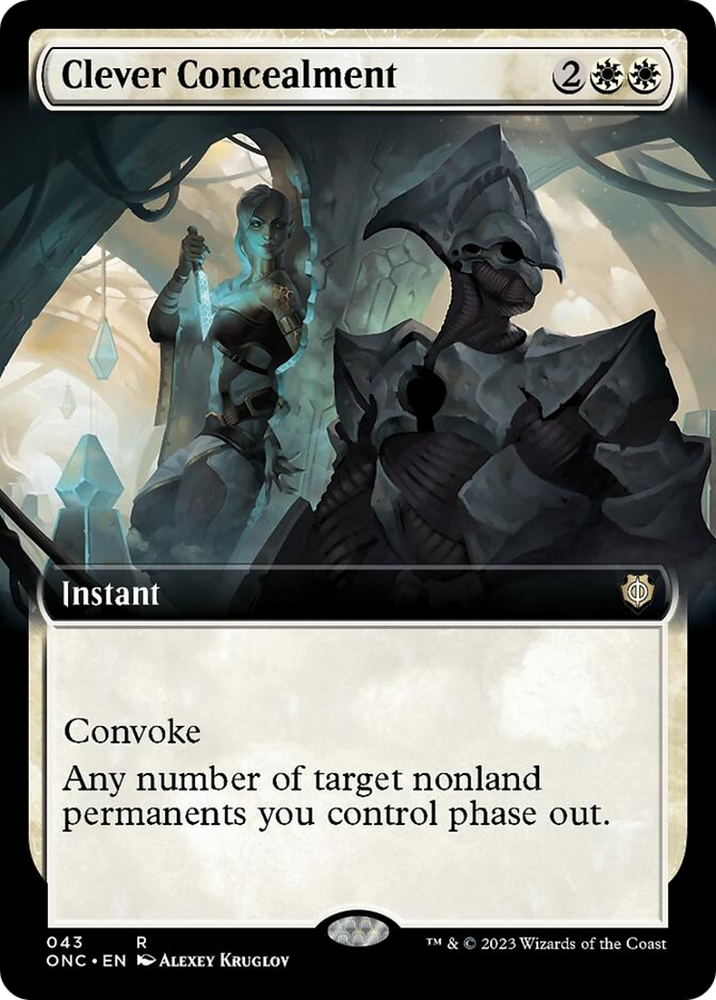 The Magic: The Gathering card "Clever Concealment (Extended Art)" from the Phyrexia: All Will Be One Commander set is an instant card featuring a Convoke ability that enables any number of target nonland permanents you control to phase out. The artwork showcases two armored, spectral figures in an ethereal setting illuminated by blue, glowing lights.