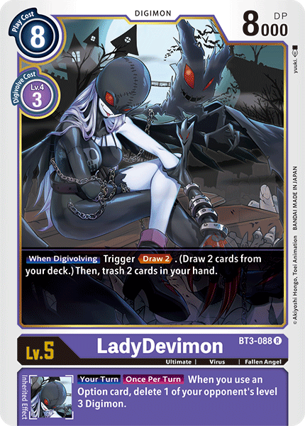 A trading card from Release Special Booster Ver.1.5 depicting LadyDevimon [BT3-088] [Release Special Booster Ver.1.5], a dark female Digimon with a black and purple color scheme from the Digimon brand. The Fallen Angel Digimon strikes a sinister pose, showcasing her abilities, evolution requirements, and stats including 8000 DP and Play Cost of 8. Icons and text detail game mechanics.