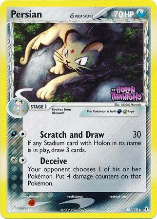 A Pokémon Persian (48/110) (Delta Species) (Stamped) [EX: Holon Phantoms] trading card featuring Persian from the "EX Holon Phantoms" series. Persian, depicted as a sleek, beige cat with a red gem on its forehead, lounges on a tree branch against a backdrop hinting at darkness. The card has 70 HP and the Delta Species tag. Moves include "Scratch and Draw" and "Deceive".