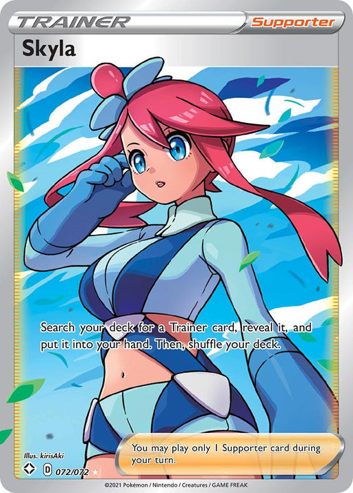 A Pokémon card titled "Skyla (072/072) [Sword & Shield: Shining Fates]" from the Sword & Shield series features an illustration of a character with pink hair styled in a ponytail, wearing a blue and white outfit with a bowtie. The Ultra Rare card has the "Trainer" and "Supporter" labels. Text instructs searching for a Trainer card. Artwork by kirisAki, copyright 2021.