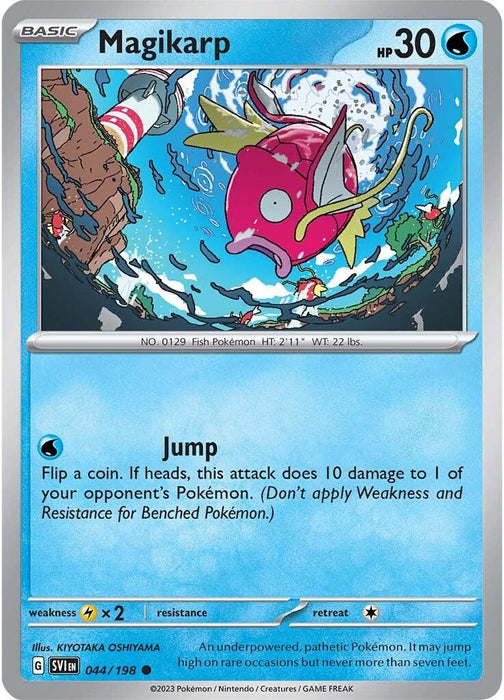 A Pokémon Magikarp (044/198) [Scarlet & Violet: Base Set] card featuring Magikarp, with 30 HP, a water type. The illustration shows Magikarp jumping out of turbulent water with a whirlpool and other fish Pokémon around it. The card's move, "Jump," may deal 10 damage based on a coin flip.
