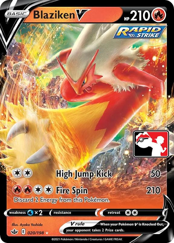 A Pokémon trading card features the Ultra Rare Blaziken V (020/198) [Prize Pack Series One] from Pokémon with an HP of 210. Blaziken, a fiery avian Pokémon, is in an action pose with flames surrounding it. The card has 2 attacks: High Jump Kick (costs 2 energy, 50 damage) and Fire Spin (costs 4 energy, 210 damage, discards 2 energy).