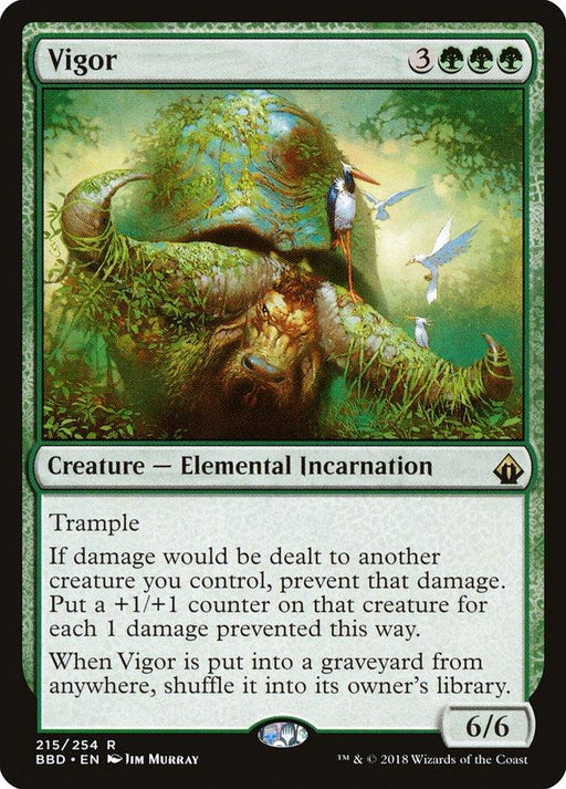 Illustration of "Vigor [Battlebond]" Magic: The Gathering card from the Battlebond series. Shows a green, tree-like Elemental Incarnation with moss and vines, standing in a forest with birds perching on it. Describes Vigor as a 3GGG-cost, 6/6 creature with trample that prevents damage to other creatures, boosting them, and returns to its owner if