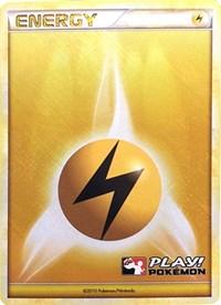 A Pokémon Trading Card featuring a gold design with the word "ENERGY" at the top and an electric symbol in the center, highlighted by a bright glow. This Lightning Energy (2010 Play Pokemon Promo) [League & Championship Cards] card showcases the "PLAY!-Pokémon" logo in the bottom-right corner.
