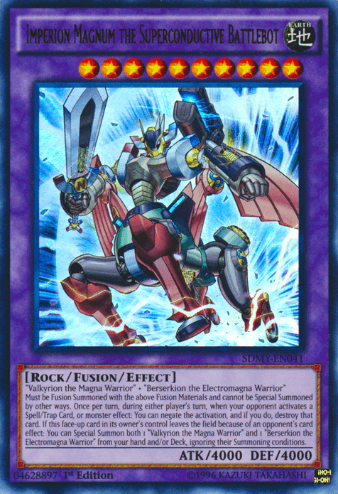 A Yu-Gi-Oh! card titled "Imperion Magnum the Superconductive Battlebot [SDMY-EN041] Ultra Rare" from the Structure Deck collection. This Ultra Rare Fusion/Effect Monster card features a large, futuristic robot wielding a sword and shield, adorned with various mechanical parts. The card's type is "Rock/Fusion/Effect" with an ATK of 4000 and DEF of 4000.