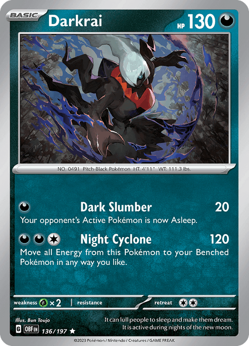 A Pokémon trading card depicts Darkrai, a dark, shadowy figure with red accents and ghostly wings. This Darkness-type Pokémon boasts 130 HP and the moves "Dark Slumber" and "Night Cyclone." The eerie background fits Darkrai's pitch-black theme perfectly. From the Pokémon set Scarlet & Violet: Obsidian Flames, it's card number Darkrai (136/197) [Scarlet & Violet: Obsidian Flames].