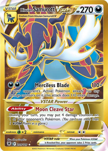 A "Hisuian Samurott VSTAR (209/189) [Sword & Shield: Astral Radiance]" Pokémon card from the Sword & Shield series with HP 270. It features a multicolored, menacing creature. Text highlights "Merciless Blade" and "Moon Cleave Star" abilities. The golden card, adorned with intricate designs and vivid colors, is a Secret Rare from Astral Radiance set as card 209/193 from Pokémon.