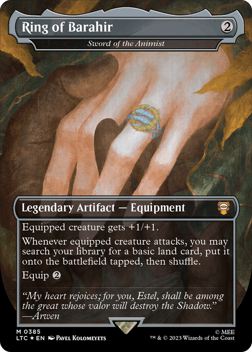 The image shows a Magic: The Gathering card named "Ring of Barahir - Sword of the Animist (Surge Foil Realms and Relics) [The Lord of the Rings: Tales of Middle-Earth Commander]." It features a legendary equipment that grants the equipped creature +1/+1 and the ability to search for a basic land card when it attacks. The artwork depicts a glowing ring worn on a hand, surrounded by dark, smoky hues.