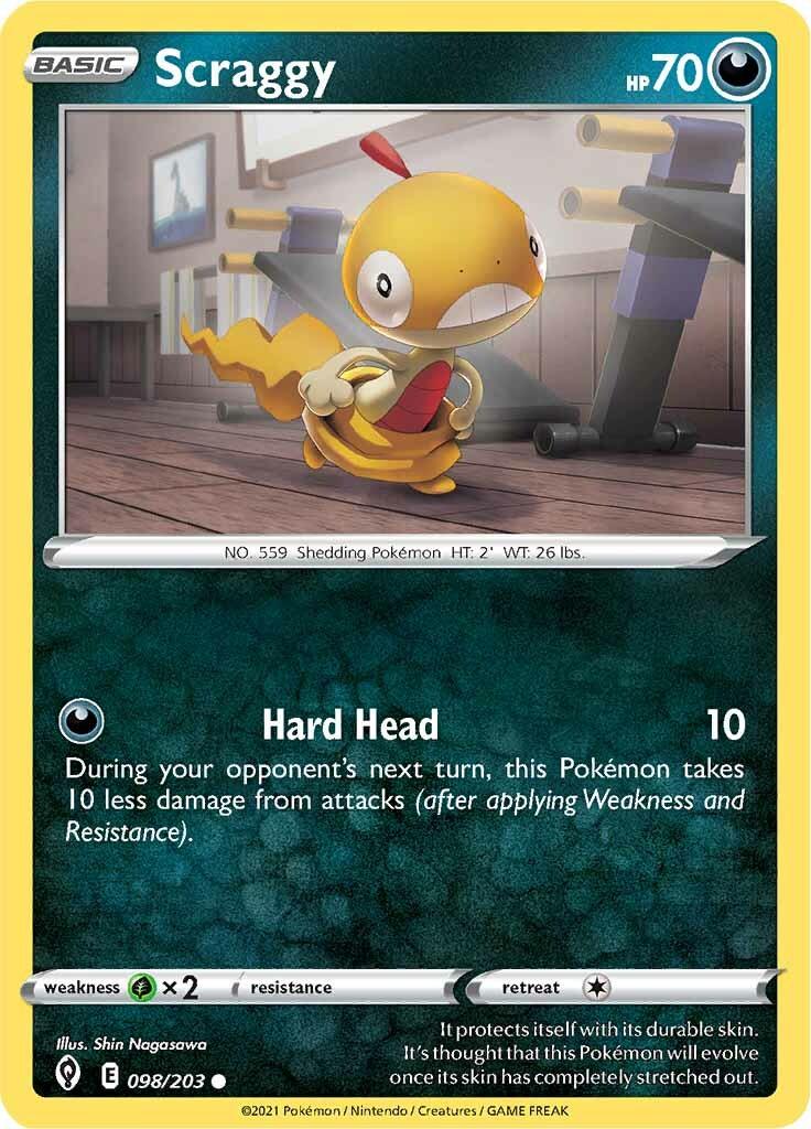 The image features the Scraggy card (098/203) from Pokémon's Sword & Shield: Evolving Skies series, depicting the yellow bipedal creature in a boxing stance at a gym. With HP 70 and the move 