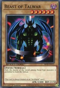 A Yu-Gi-Oh! Trading Card titled "Beast of Talwar [SBCB-EN111] Common" from the Battle City Box. The card features an imposing, dark fiendish creature with glowing green eyes, green gemstone-adorned armor, and menacing blue wings. The creature holds a sword in each hand. Stats: ATK 2400 and DEF 2150, classified as a Fiend/