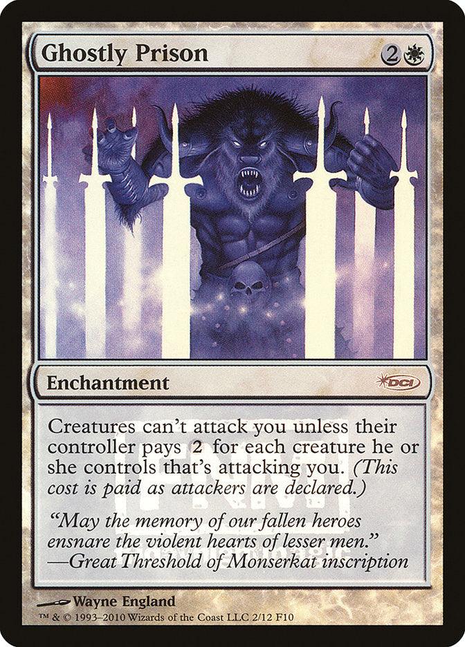 The image showcases a "Ghostly Prison" Magic: The Gathering card from the Friday Night Magic 2010 collection, an enchantment with rare qualities. It features a spectral creature behind glowing white bars, reaching out with menacing hands, all framed by its black border that includes descriptive text about its gameplay effect on attack limitations, making it perfect for Friday Night Magic.