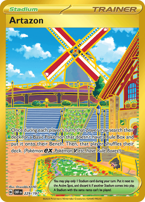 A Pokémon Trading Card Game card titled "Artazon (229/197) [Scarlet & Violet: Obsidian Flames]" from the Pokémon series. The illustration features a windmill surrounded by a vibrant flower field, under blue skies and fluffy clouds. This Hyper Rare card allows players to search for a Pokémon without a Rule Box, and its borders are gold.