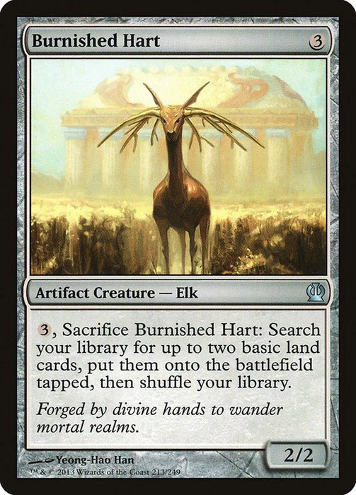 The image shows a Magic: The Gathering trading card named "Burnished Hart [Theros]" from Magic: The Gathering. It depicts a majestic elk with metal antlers walking on rocky terrain. The Artifact Creature has a casting cost of 3, an ability requiring 3 mana, power/toughness of 2/2, and flavor text.