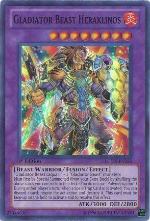 A Yu-Gi-Oh! card titled "Gladiator Beast Heraklinos [LCGX-EN253] Super Rare." This 1st Edition card from Legendary Collection 2 features a purple border, indicating a Fusion/Effect Monster of the Beast-Warrior type. With an ATK of 3000 and DEF of 2800, the illustration depicts a powerful, armored beast-warrior with a glowing weapon.