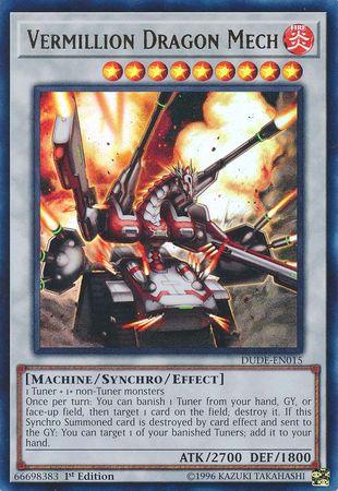 The image depicts the Yu-Gi-Oh! trading card "Vermillion Dragon Mech [DUDE-EN015]," an Ultra Rare Synchro/Effect Monster. The card features a large, red mechanical dragon in a battle stance, surrounded by fiery explosions. It boasts 2700 attack (ATK) points and 1800 defense (DEF) points from the Duel Devastator set.