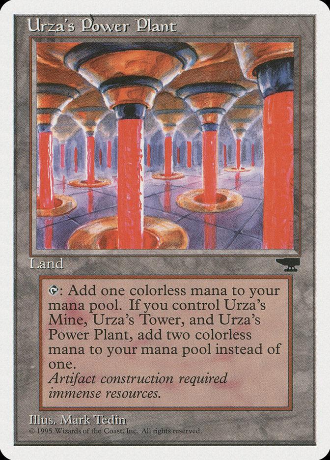 A fantasy card illustrating "Urza's Power Plant (Red Columns)" from Magic: The Gathering features glowing red columns and arched structures within a vast hall. The card includes text detailing its function, and the artwork by Mark Tedin conjures an ethereal, mystical energy source reminiscent of Urza's Mine.