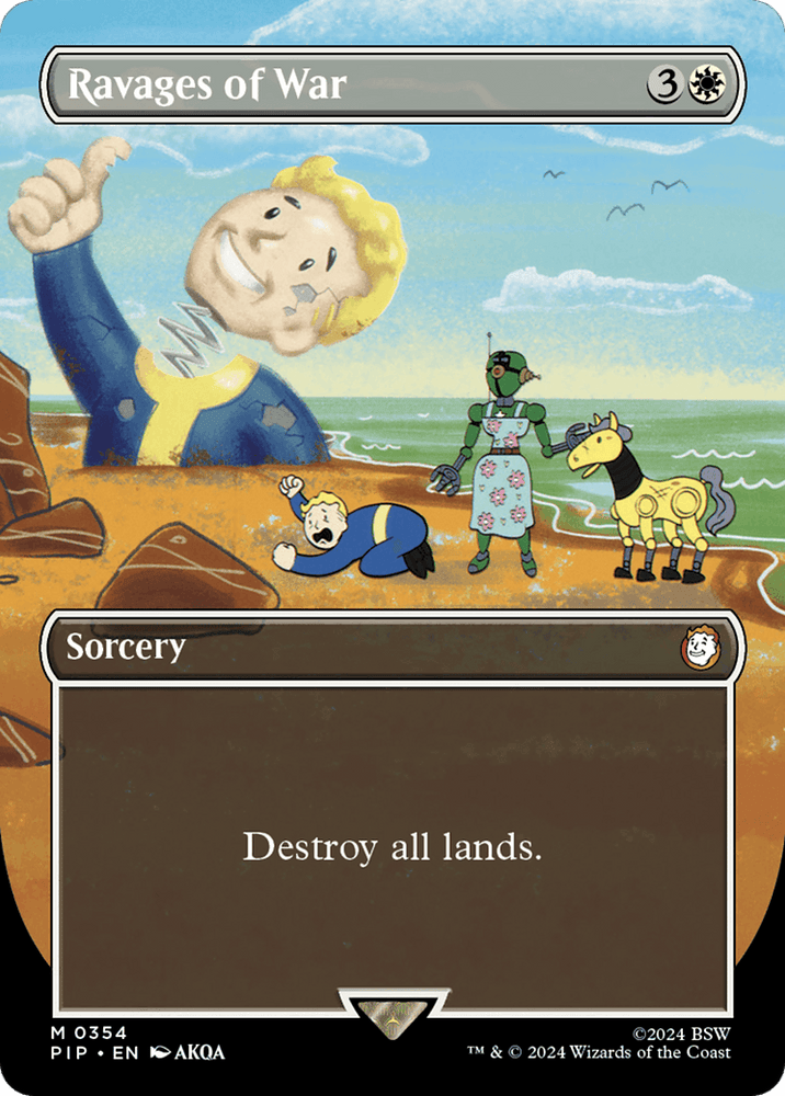 A Magic: The Gathering card named "Ravages of War (Borderless) [Fallout]," a mythic sorcery, features artwork depicting a post-apocalyptic scene. The sky is blue with clouds, and in the foreground, three Fallout-themed characters are visible against a large, joyful cartoon character in the background. The card's text reads "Destroy all lands.