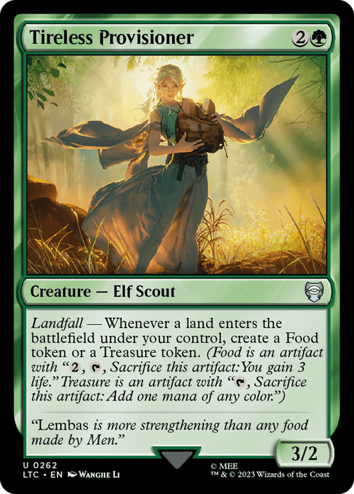 A Magic: The Gathering card titled "Tireless Provisioner [The Lord of the Rings: Tales of Middle-Earth Commander]" costs 2 colorless and 1 green mana to play. It depicts an Elf Scout, reminiscent of the Tales of Middle-Earth, surrounded by glowing light and forest scenery. With a power/toughness of 3/2, it has a Landfall ability that generates either a Food or Treasure token.