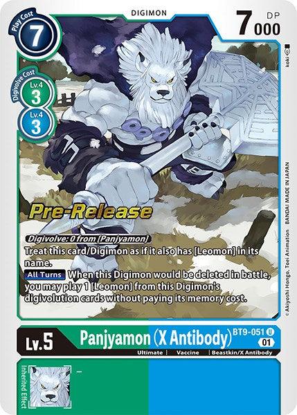 The Digimon trading card, "Panjyamon (X Antibody) [BT9-051] [X Record Pre-Release Promos]," showcases a white, lion-like creature wielding a large ice sword against a snowy mountain backdrop. As one of the X Record Pre-Release Promos, this card details its effects, level, and digivolution cost and is marked with "Pre-Release" in yellow text.