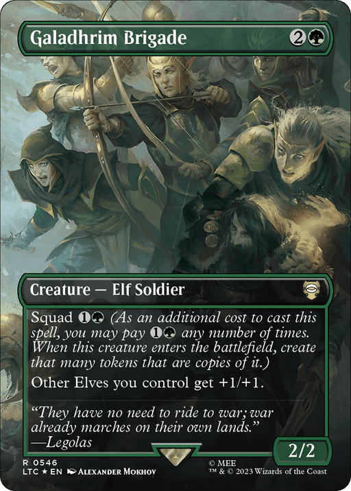 A Magic: The Gathering card displaying "Galadhrim Brigade (Borderless) (Surge Foil) [The Lord of the Rings: Tales of Middle-Earth Commander]." It costs 2 green and 1 colorless mana, and is a 2/2 Elf Soldier creature. The card, part of the Tales of Middle-Earth set, features the Squad 1 colorless and 1 green mana ability and boosts other Elves. Artwork depicts armed Elves in green cloaks preparing for