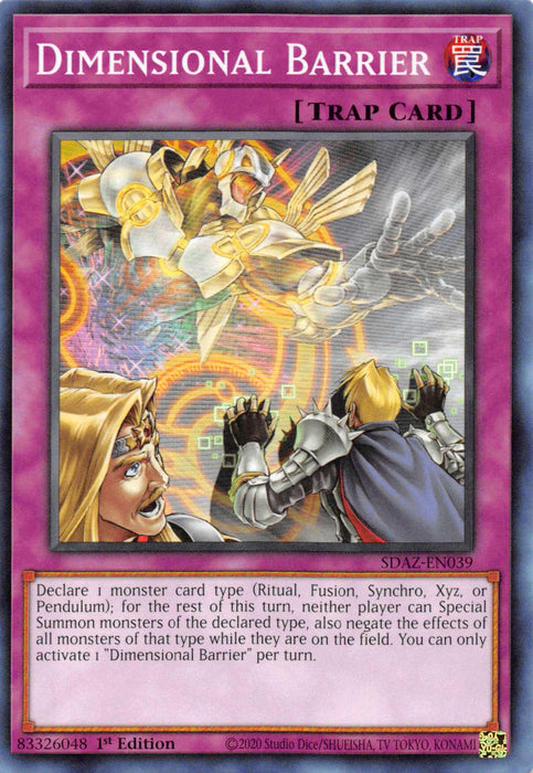 An illustration of a Yu-Gi-Oh! Normal Trap card named "Dimensional Barrier [SDAZ-EN039] Common." It shows a cloaked figure holding a staff casting a barrier spell against a shocked knight. The card text details its ability to declare a monster type, preventing special summons and negating effects of that type for a turn.