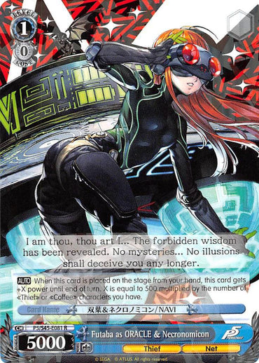 A "Weiss Schwarz" trading card by Bushiroad, titled Futaba as ORACLE & Necronomicon (P5/S45-E081 R) [Persona 5], features the iconic Persona 5 character with long orange hair, glasses, and a sleek black futuristic outfit. This rare card highlights Thief Trait abilities and has a power level of 5000 against a high-tech backdrop adorned with glowing symbols.