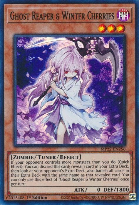 The image shows a "Yu-Gi-Oh!" trading card named "Ghost Reaper & Winter Cherries [MP22-EN256] Super Rare" from the Tin of the Pharaoh's Gods. It depicts a spectral girl with long pink hair and a white dress, holding a scythe. The card's text describes its zombie/tuner/effect abilities, and it has 0 ATK and 1800 DEF points.