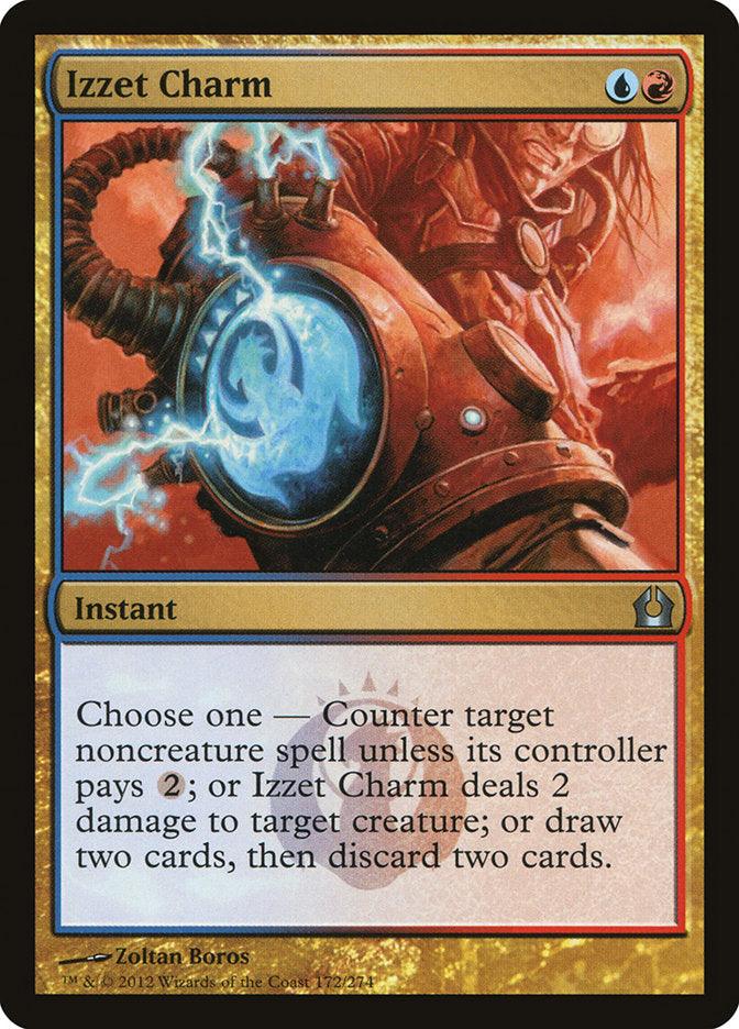 An "Izzet Charm [Return to Ravnica]" card from the Magic: The Gathering brand. The card features a gold border with red and blue accent colors. The illustration depicts a figure dressed in red holding a glowing blue orb. This instant card provides three options: counter a spell unless 2 mana is paid, deal 2 damage to a creature, or draw two cards then discard two cards.