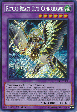 A Yu-Gi-Oh! trading card titled "Ritual Beast Ulti-Cannahawk [THSF-EN030] Secret Rare." This Secret Rare Fusion/Effect Monster features a majestic bird-like creature with metallic armor and glowing accents, soaring against a stormy sky. The creature has a long, pointed beak and outspread wings. Below the image are the card's attributes, effects, and stats.