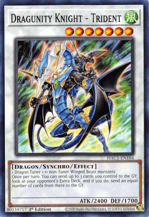 A "Dragunity Knight - Trident [HAC1-EN164] Common" Yu-Gi-Oh! trading card from the Hidden Arsenal series. The artwork depicts a blue and gold armored dragon knight wielding a trident, with large wings and a fierce expression. This Dragon-Type Tuner Synchro Monster has ATK 2400 and DEF 1700, and its text details its effects.