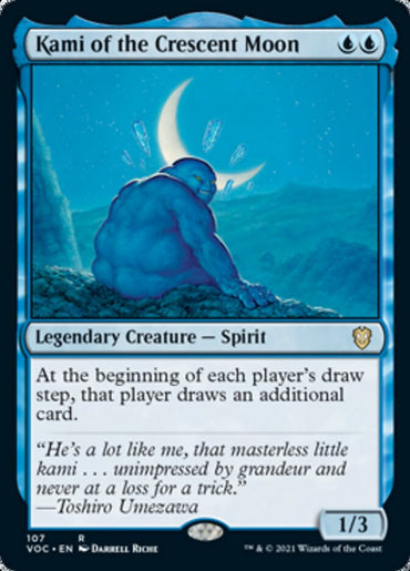 A Magic: The Gathering card titled "Kami of the Crescent Moon [Innistrad: Crimson Vow Commander]." This Legendary Creature depicts a round, blue spirit with a peaceful expression sitting by water, under a crescent moon. Text reads, "At the beginning of each player's draw step, that player draws an additional card." It has 1 attack and 3 defense.