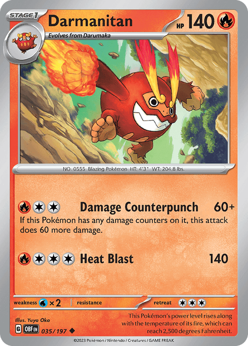 A Pokémon trading card for Darmanitan (035/197) [Scarlet & Violet: Obsidian Flames], featuring an image of the red, fiery Pokémon against a grey background. Part of the Scarlet & Violet series, this Obsidian Flames card is numbered 035/197, with 140 HP and includes attacks "Damage Counterpunch" and "Heat Blast." The card text reads: "This Pokémon's power level rises along with the temperature of its