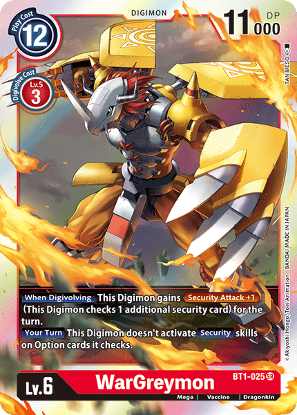 Trading card featuring WarGreymon [BT1-025] [Release Special Booster Ver.1.0], a Super Rare, robotic, armored dragon-like Digimon by Digimon. It has a white body, yellow chest armor, and large metal claws. Text on the card from Release Special Booster Ver.1.0 indicates it's a Level 6 Digimon with 11,000 DP and a play cost of 12. Abilities include gaining security attack and ignoring security skills