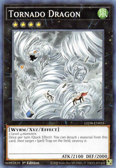 A Yu-Gi-Oh! trading card named "Tornado Dragon [LED8-EN055] Common" showcases a menacing, silver dragon amidst a swirling tornado. With impressive stats of ATK/2100 and DEF/2000, this Wyrm Xyz/Effect Monster can detach materials to destroy a spell or trap card once per turn, making it a standout in Legendary Duelists.