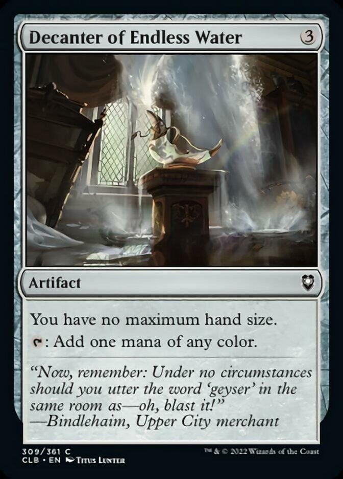 A Magic: The Gathering card from Commander Legends: Battle for Baldur's Gate depicts "Decanter of Endless Water [Commander Legends: Battle for Baldur's Gate]," an artifact costing 3 mana. The card shows a glowing decanter surrounded by cascading water in a grand hall with tall windows. The card text includes gameplay effects and humorous flavor text about a merchant’s warning.