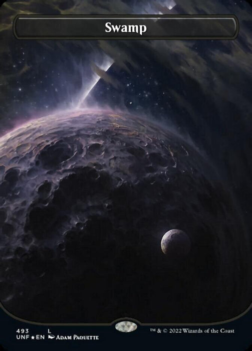A fantasy art card depicts a dark, cratered planetary surface with a smaller moon nearby. The sky is filled with cosmic phenomena including purple-hued nebulae and white light beams. The word "Swamp" is inscribed at the top, marking it as a Swamp (493) (Orbital Space-ic Land) (Galaxy Foil) from Magic: The Gathering's Unfinity series.