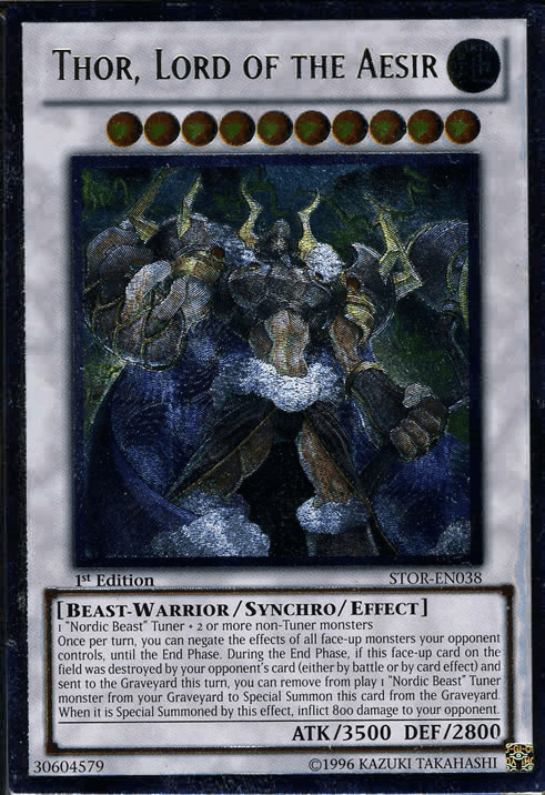 A Yu-Gi-Oh! product titled "Thor, Lord of the Aesir [STOR-EN038] Ultimate Rare," a Synchro/Effect Monster from the Storm of Ragnarok series. The Ultimate Rare card showcases a powerful, armored figure wielding an intricate hammer and summoning lightning. It's 1st Edition with attack power 3500 and defense power 2800, labeled STOR-EN038.