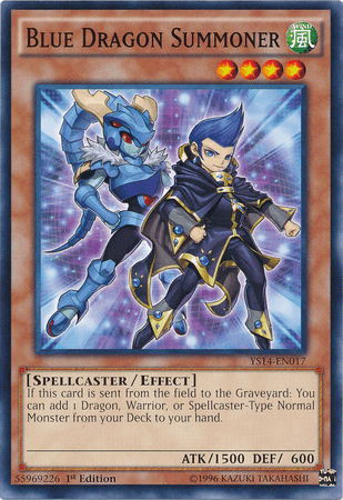 A Yu-Gi-Oh! trading card titled “Blue Dragon Summoner [YS14-EN017] Common,” featuring a spellcaster with blue hair and a dark blue outfit, stands next to a blue-armored dragon figure. This Effect Monster's stats are in the lower corner, showing ATK 1500 and DEF 600. Text details its spellcaster/effect abilities.