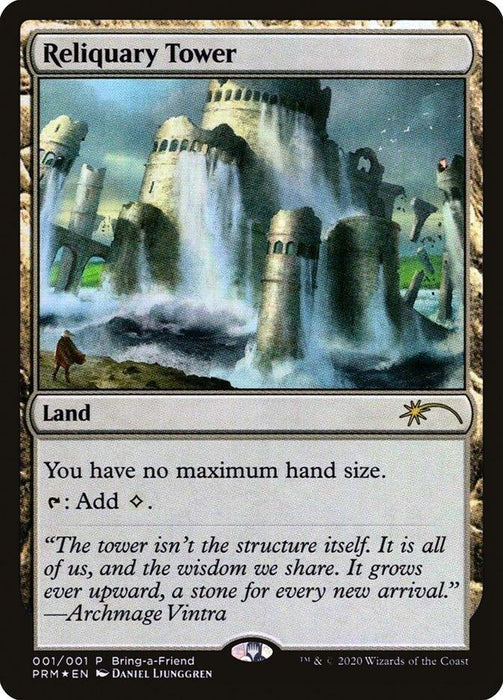 A rare Magic: The Gathering card named Reliquary Tower [Love Your LGS 2020]. Categorized as a Land card, it features art of a grand, ancient structure with cascading waterfalls. The text states, "You have no maximum hand size" and adds 1 colorless mana. Flavor text is by Archmage Vintra. Part of Magic: The Gathering.