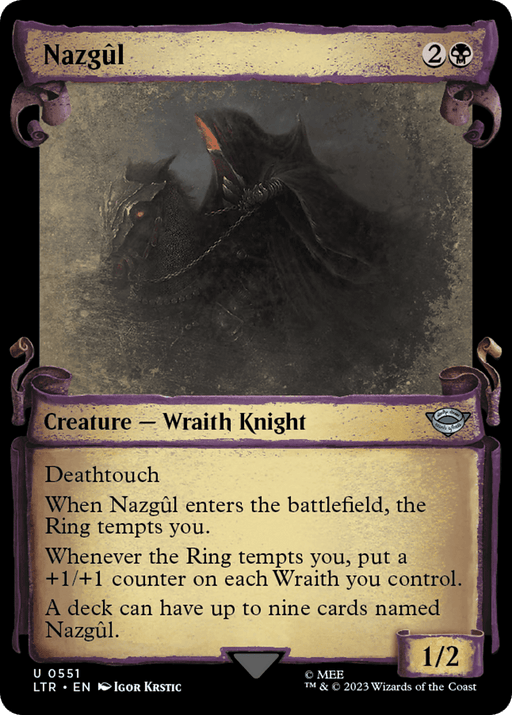 A trading card from Magic: The Gathering, Nazgul (0551) [The Lord of the Rings: Tales of Middle-Earth Showcase Scrolls], depicts Nazgûl, a Wraith Knight, with dark, eerie artwork of a hooded figure with glowing eyes. The card has a mana cost of 2B, creature type "Wraith Knight," and is 1/2. Features include Deathtouch and specific abilities related to the Ring's temptation and counters on Wraiths.