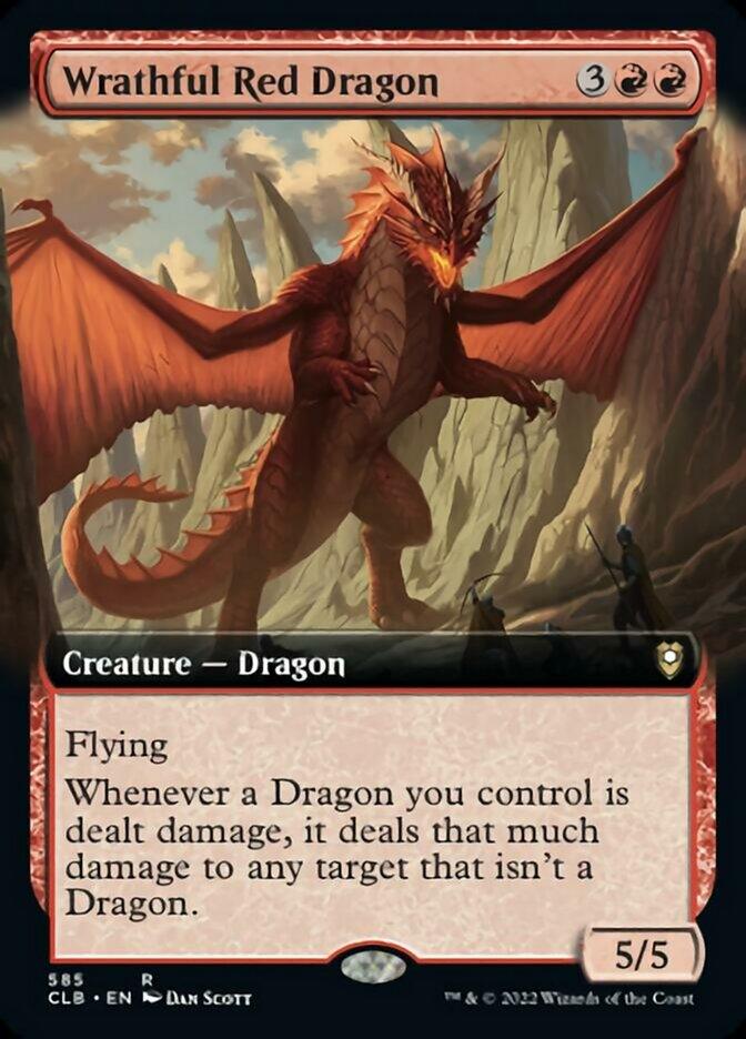 The image is a Magic: The Gathering card from Commander Legends: Battle for Baldur's Gate, featuring a red dragon with outstretched wings amidst a rocky landscape. Titled 