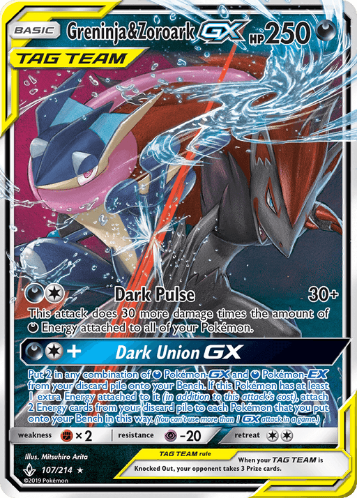 A Pokémon trading card from the Sun & Moon series featuring Greninja & Zoroark GX (107/214) [Sun & Moon: Unbroken Bonds] with artwork of two Pokémon, one resembling a ninja frog and the other a dark fox. This Ultra Rare TAG TEAM card from Unbroken Bonds boasts 250 HP, with moves "Dark Pulse" and "Dark Union GX." It has metallic borders and detailed background imagery.