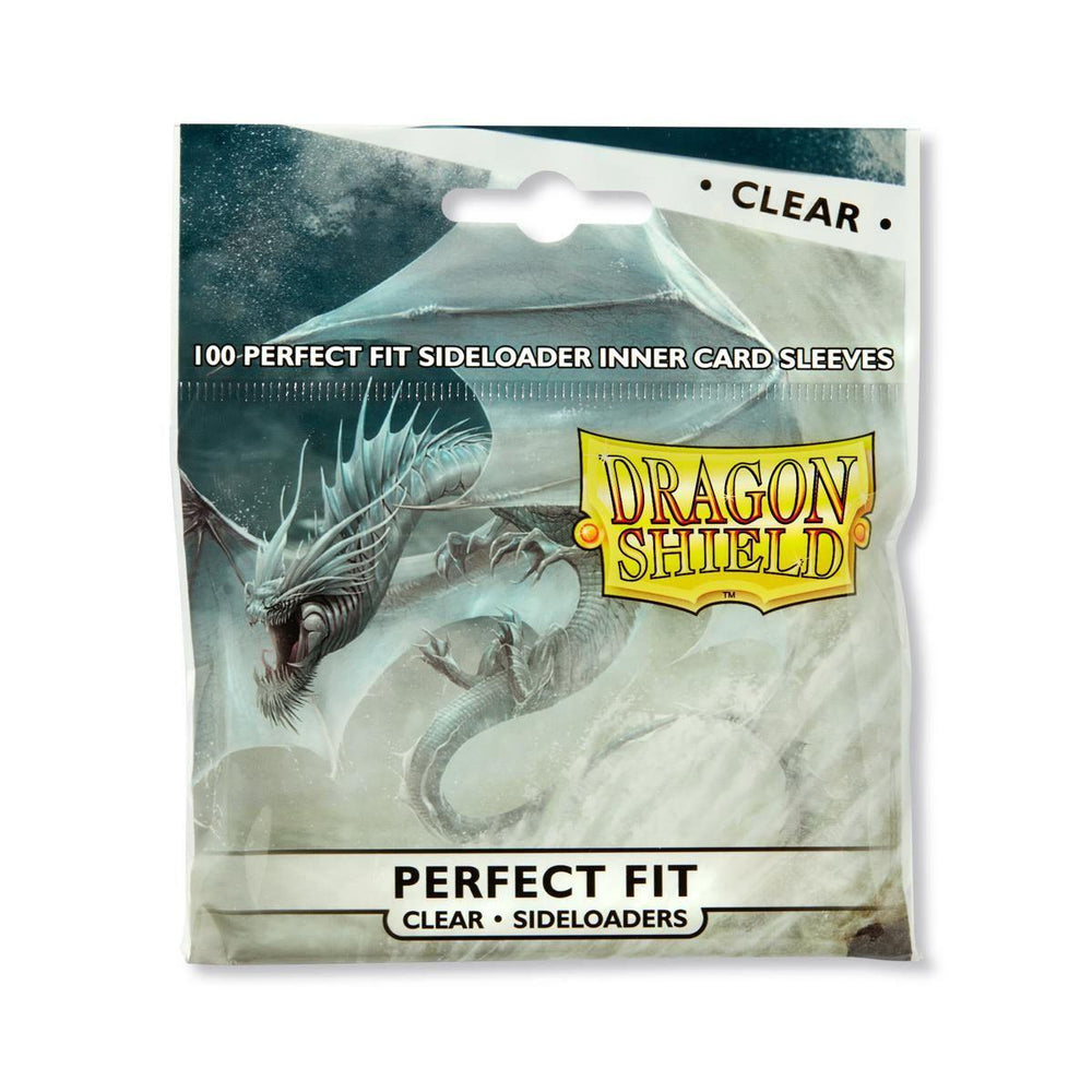 A package of Arcane Tinmen's Dragon Shield: Standard Size 100ct Inner Sleeves - Perfect Fit Sideloader (Clear 'Naluapo'). The packaging features a fantasy-style illustration of a fierce dragon in a snowy landscape. The text on the package reads: "100 Perfect Fit Sideloader Inner Card Sleeves," "Clear front & back," and "Perfect Fit Clear Sideloaders for improved card protection.