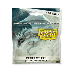 A package of Arcane Tinmen's Dragon Shield: Standard Size 100ct Inner Sleeves - Perfect Fit Sideloader (Clear 'Naluapo'). The packaging features a fantasy-style illustration of a fierce dragon in a snowy landscape. The text on the package reads: "100 Perfect Fit Sideloader Inner Card Sleeves," "Clear front & back," and "Perfect Fit Clear Sideloaders for improved card protection.