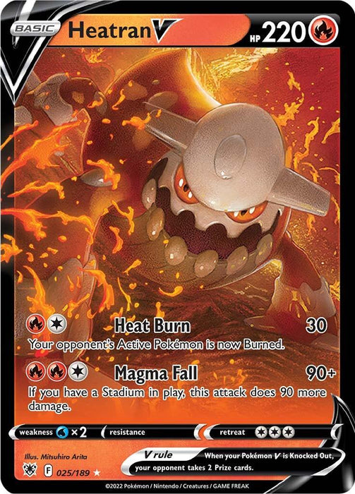 A Pokémon trading card for Heatran V (025/189) [Sword & Shield: Astral Radiance] with 220 HP from the Astral Radiance set. Heatran V is depicted as a metallic, fiery creature surrounded by flames. This Ultra Rare card features two attacks: Heat Burn, which causes burn status, and Magma Fall, dealing extra damage if a Stadium is in play. Marked 025/189.

Brand Name: Pokémon